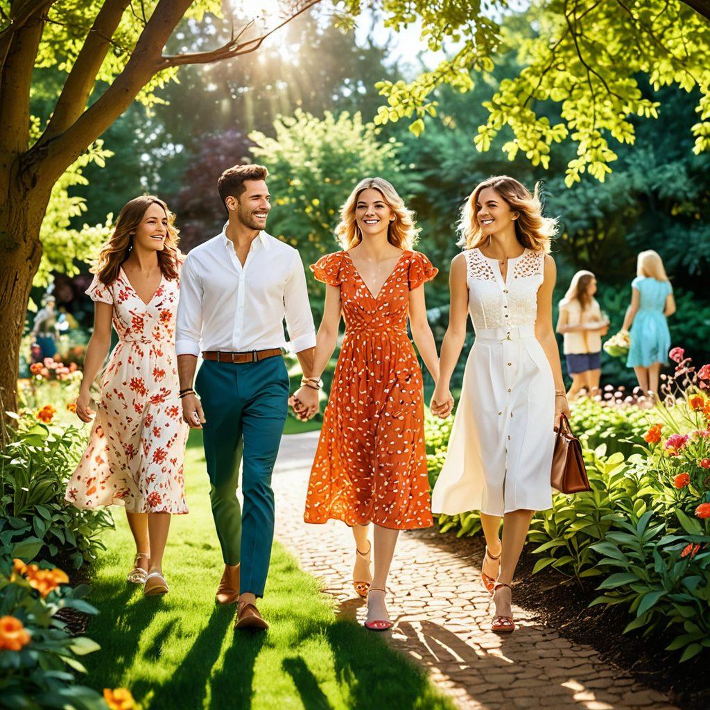 A vibrant, sunny outdoor scene featuring a diverse group of stylish individuals joyfully walking in comfortable and chic footwear. Capture the essence of happiness with smiles and laughter, showcasing colorful shoes against a blooming garden background. Include elements like sunlight filtering through trees and a subtle breeze to enhance the cheerful atmosphere. super-realistic. vibrant colors. soft bokeh background.