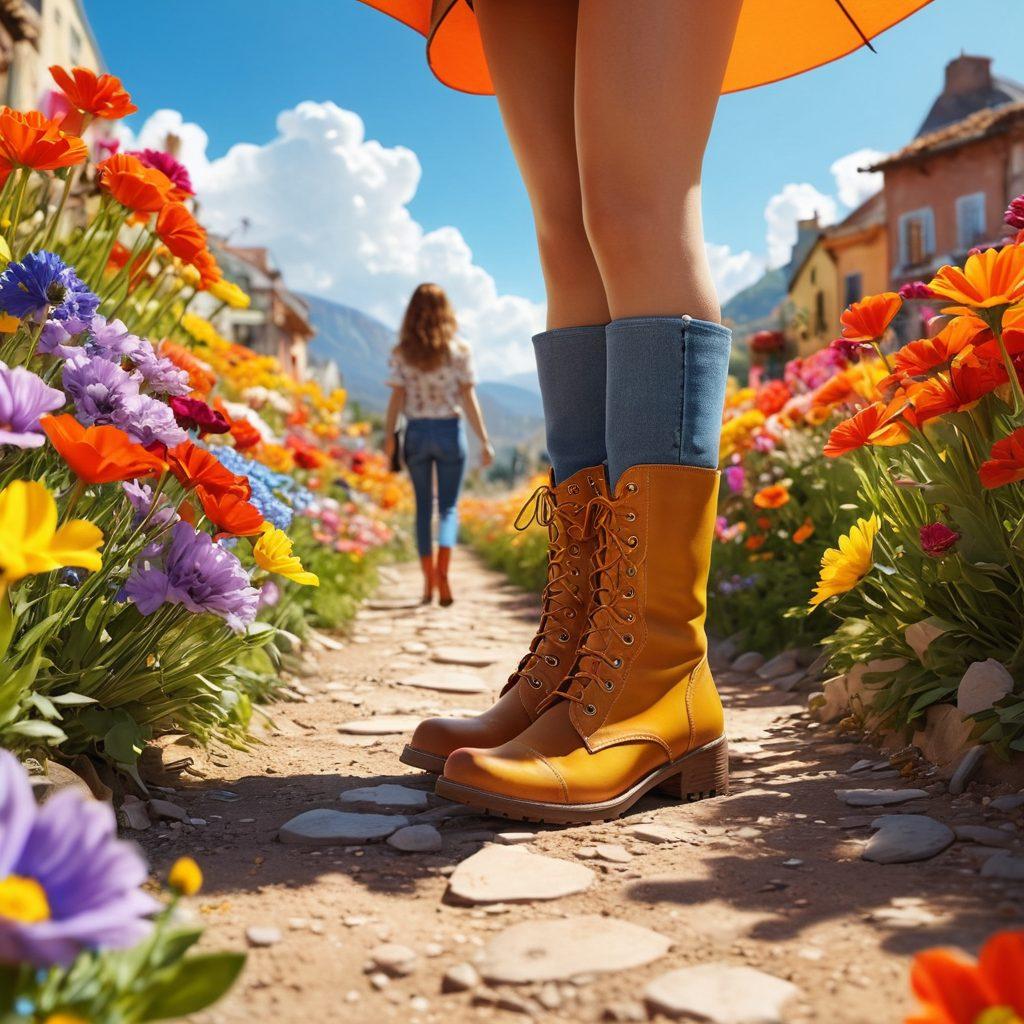 A stylish individual stepping confidently into a vibrant landscape filled with various trendy boots showcasing different styles and colors, surrounded by whimsical flowers and uplifting sunshine that radiate joy and bliss. The scene captures the essence of fashion, happiness, and adventure. super-realistic. vibrant colors. 3D.