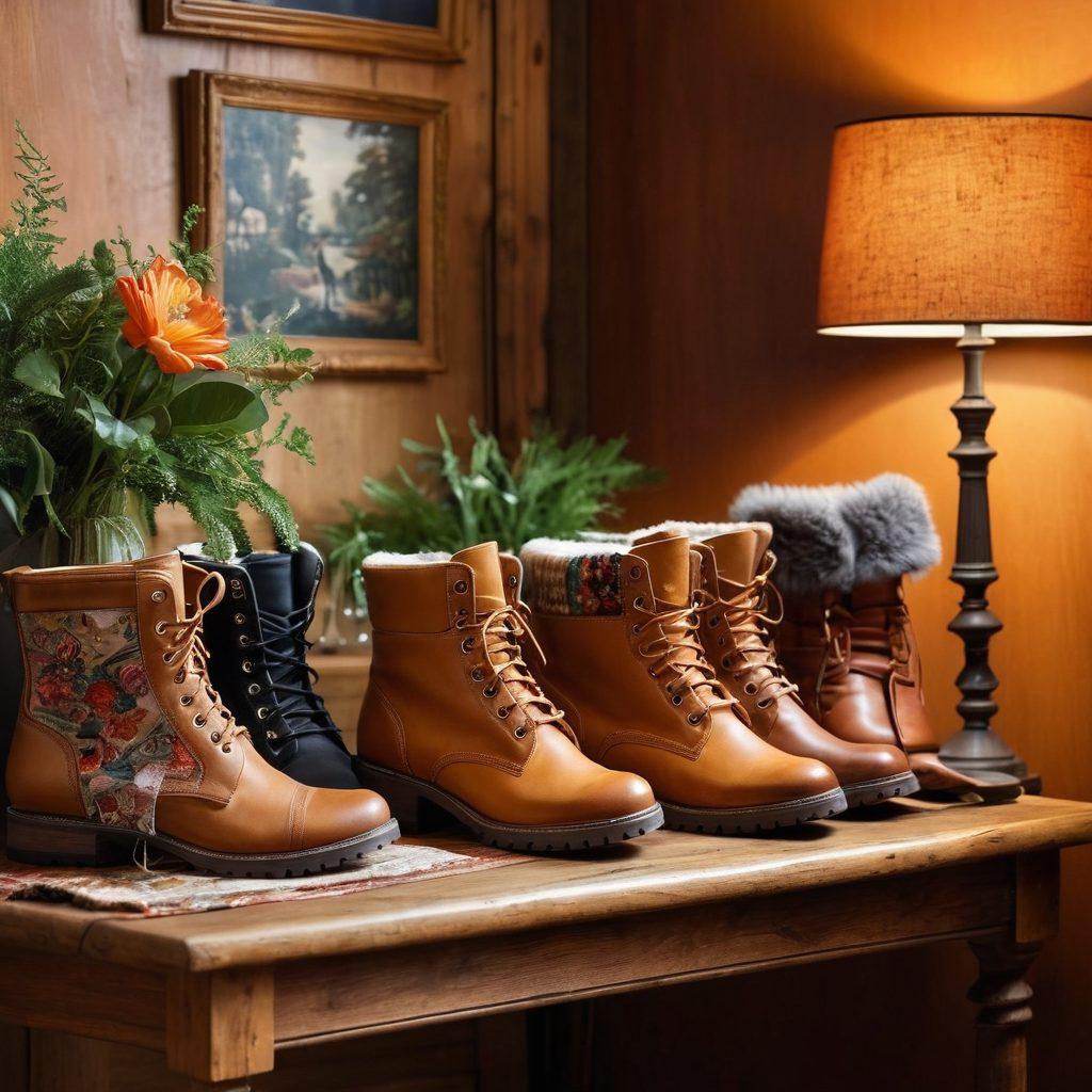 A stylish, elegant display of various boot styles ranging from casual to chic, showcased on a vintage wooden table with soft, glowing light. Accessories like scarves and handbags accentuate the boots, while a comforting, warm-toned background features lush greenery and cozy textures. The mood should invite a sense of exploration, fashion, and comfort. super-realistic. vibrant colors. warm tones.